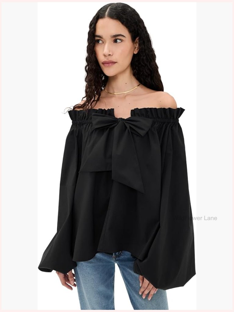 Off The Shoulder Tie Blouse Smocked Neck Women's Top